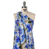Silk Charmeuse Print 16MM, Made in Italy - Ultramarine Blue and Olive Green Watercolor Flower Garden