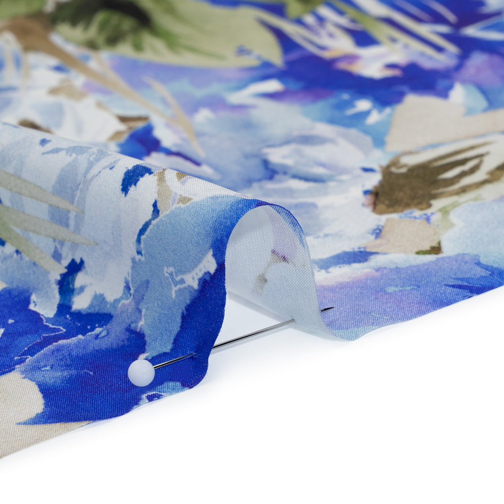 Silk Charmeuse Print 16MM, Made in Italy - Ultramarine Blue and Olive Green Watercolor Flower Garden