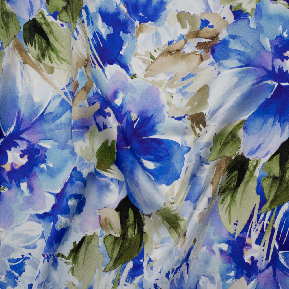 Silk Charmeuse Print 16MM, Made in Italy - Ultramarine Blue and Olive Green Watercolor Flower Garden
