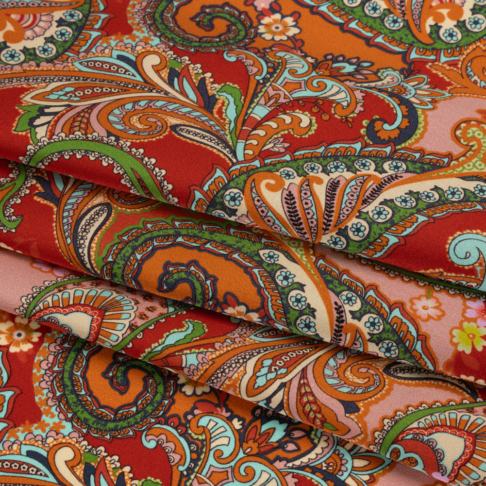 Silk Charmeuse Print 16MM, Made in Italy - Red, Orange and Green Fancy Paisley