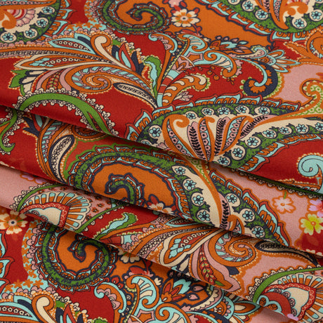 Silk Charmeuse Print 16MM, Made in Italy - Red, Orange and Green Fancy Paisley