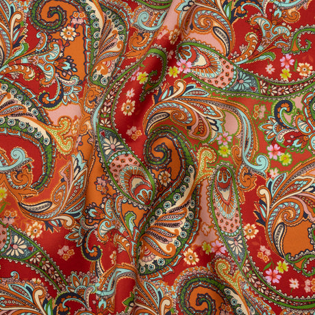 Silk Charmeuse Print 16MM, Made in Italy - Red, Orange and Green Fancy Paisley