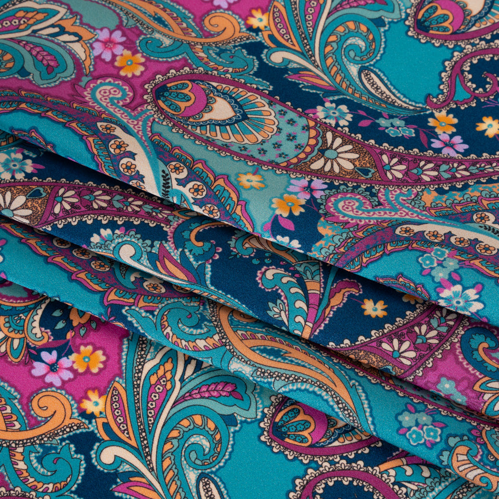 Silk Charmeuse Print 16MM, Made in Italy - Dark Turquoise, Blue and Berry Pink Fancy Paisley