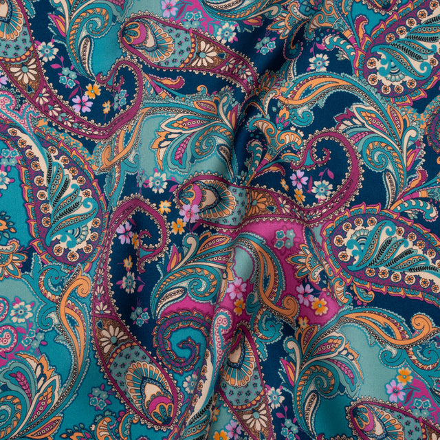 Silk Charmeuse Print 16MM, Made in Italy - Dark Turquoise, Blue and Berry Pink Fancy Paisley