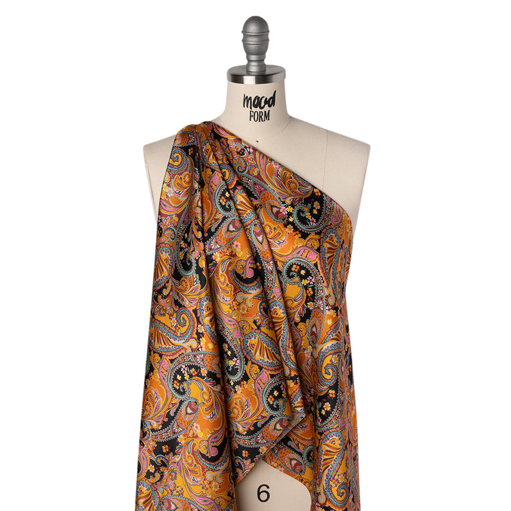 Silk Charmeuse Print 16MM, Made in Italy - Golden Orange, Mint and Black Fancy Paisley