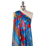 Silk Charmeuse Print 16MM, Made in Italy - Red, Blue and Gold Floral and Abstract Stripes