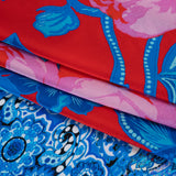 Silk Charmeuse Print 16MM, Made in Italy - Red, Blue and Gold Floral and Abstract Stripes