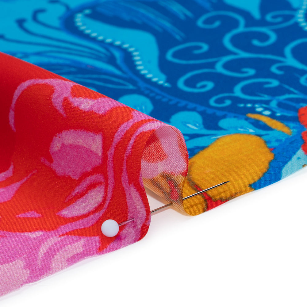 Silk Charmeuse Print 16MM, Made in Italy - Red, Blue and Gold Floral and Abstract Stripes