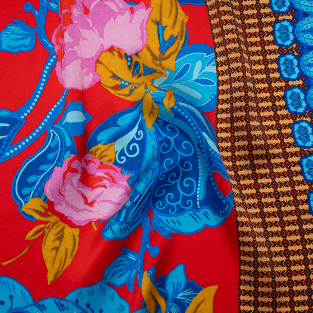 Silk Charmeuse Print 16MM, Made in Italy - Red, Blue and Gold Floral and Abstract Stripes