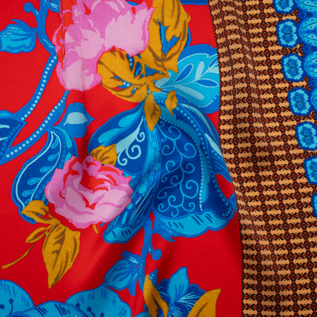 Silk Charmeuse Print 16MM, Made in Italy - Red, Blue and Gold Floral and Abstract Stripes