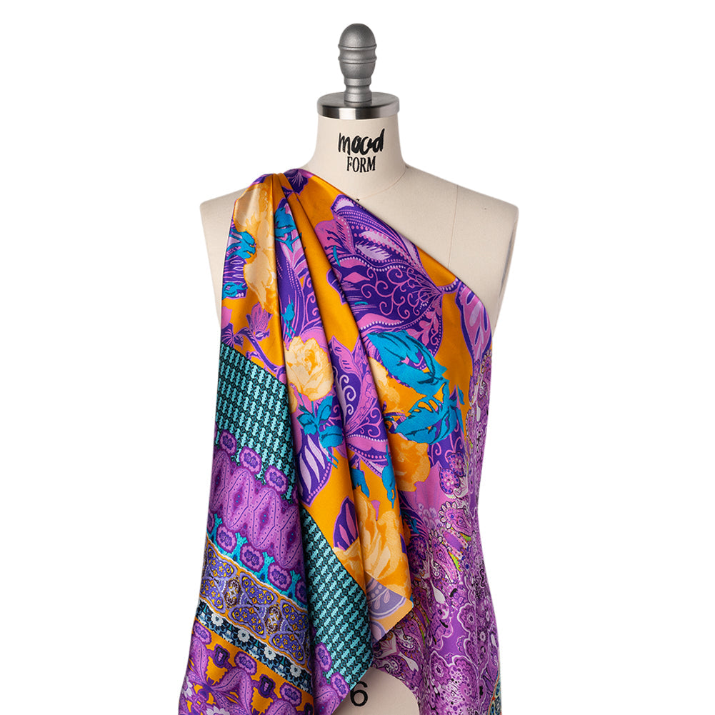 Silk Charmeuse Print 16MM, Made in Italy - Golden Yellow, Purple and Teal Floral and Abstract Stripes
