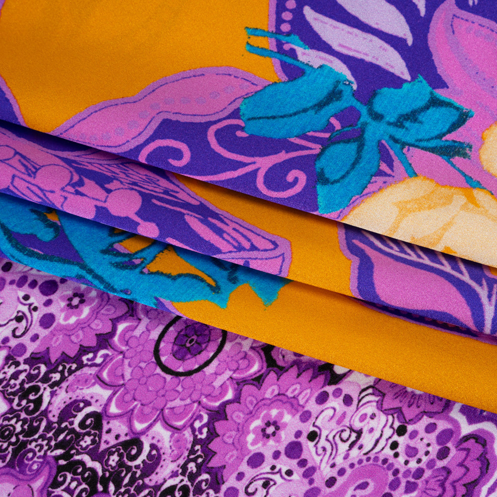 Silk Charmeuse Print 16MM, Made in Italy - Golden Yellow, Purple and Teal Floral and Abstract Stripes
