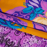 Silk Charmeuse Print 16MM, Made in Italy - Golden Yellow, Purple and Teal Floral and Abstract Stripes