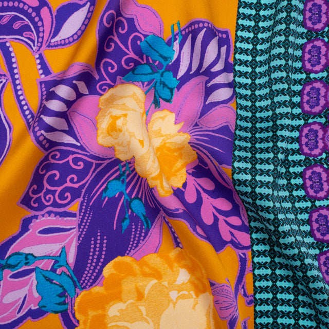 Silk Charmeuse Print 16MM, Made in Italy - Golden Yellow, Purple and Teal Floral and Abstract Stripes