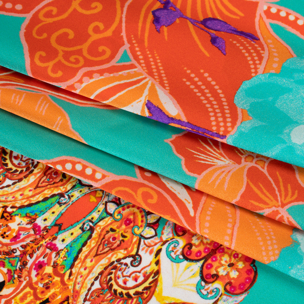 Silk Charmeuse Print 16MM, Made in Italy - Orange, Dark Mint and Purple Floral and Abstract Stripes