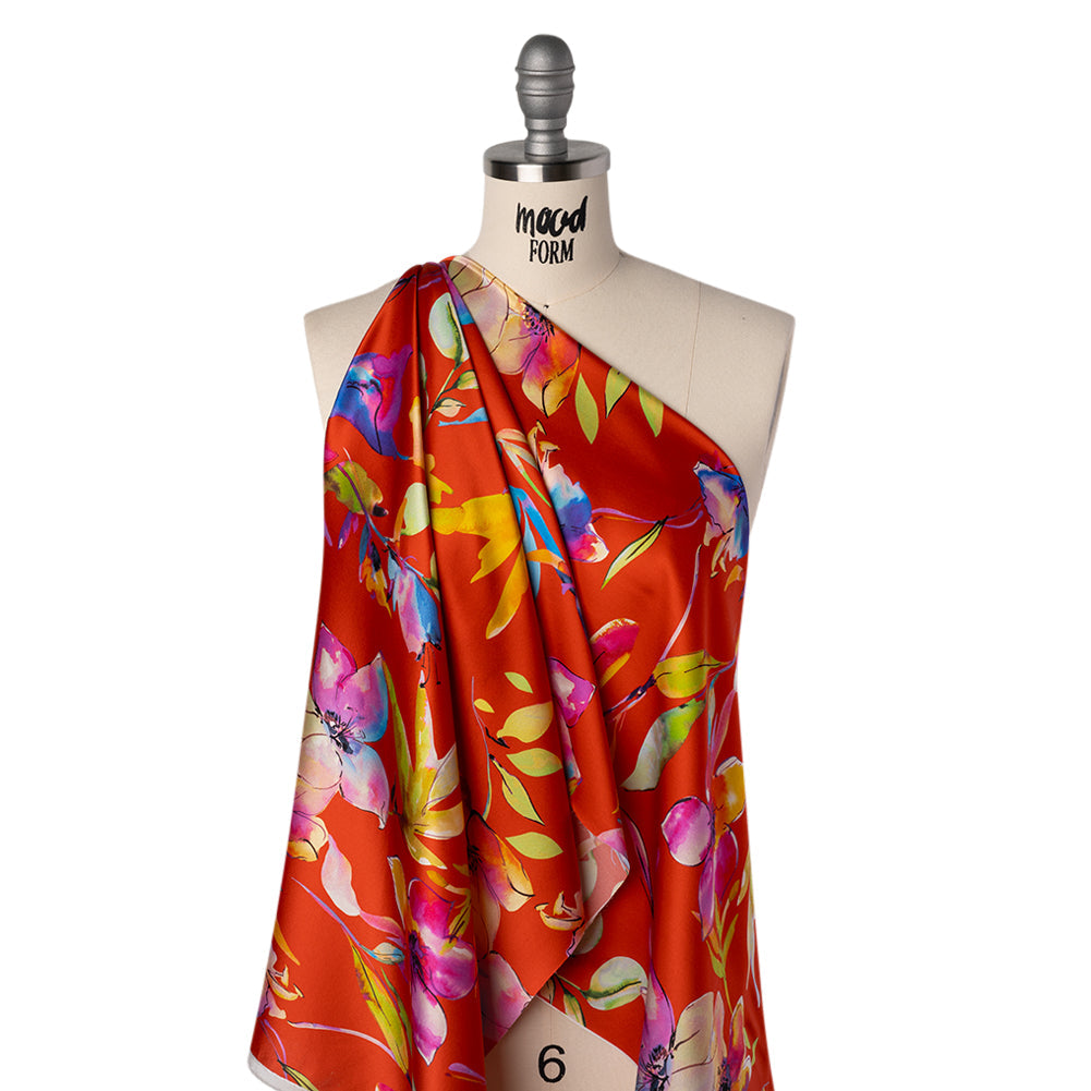 Silk Charmeuse Print 16MM, Made in Italy - Red and Rainbow Illustrated Watercolor Flowers