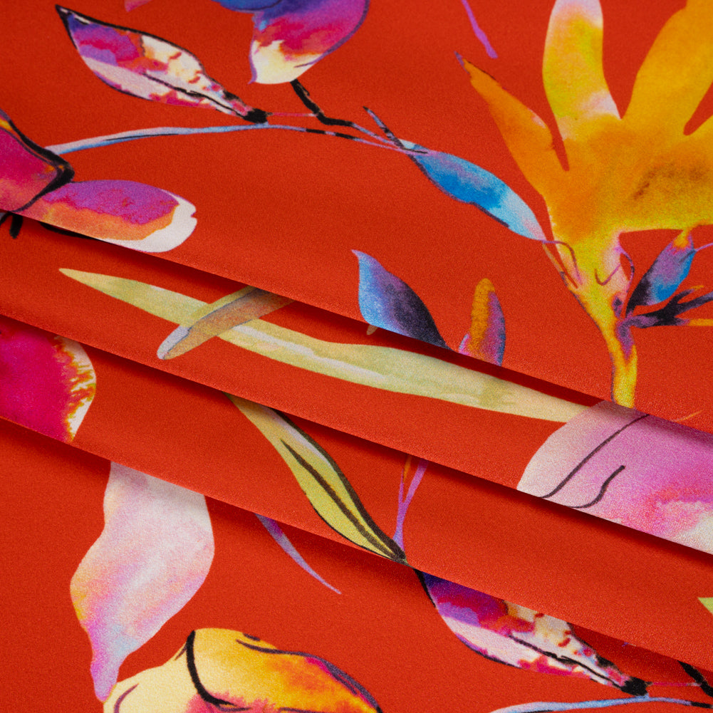 Silk Charmeuse Print 16MM, Made in Italy - Red and Rainbow Illustrated Watercolor Flowers