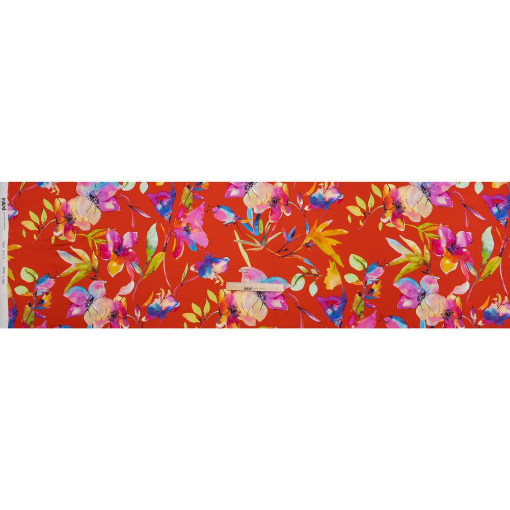 Silk Charmeuse Print 16MM, Made in Italy - Red and Rainbow Illustrated Watercolor Flowers