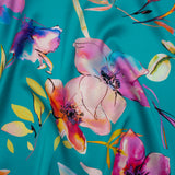 Silk Charmeuse Print 16MM, Made in Italy - Turquoise, Pink and Multicolor Illustrated Watercolor Flowers