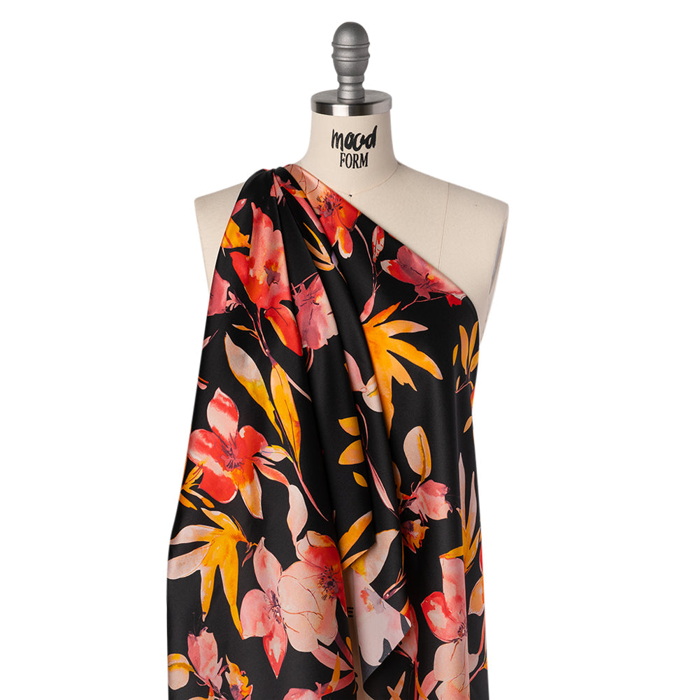 Silk Charmeuse Print 16MM, Made in Italy - Black, Orange and Red Illustrated Watercolor Flowers