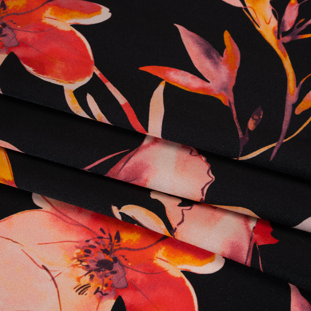 Silk Charmeuse Print 16MM, Made in Italy - Black, Orange and Red Illustrated Watercolor Flowers