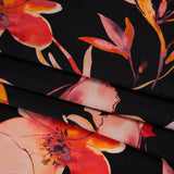 Silk Charmeuse Print 16MM, Made in Italy - Black, Orange and Red Illustrated Watercolor Flowers