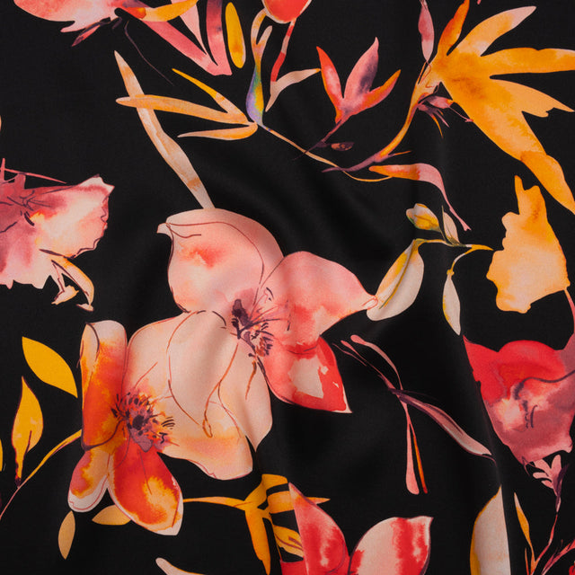 Silk Charmeuse Print 16MM, Made in Italy - Black, Orange and Red Illustrated Watercolor Flowers