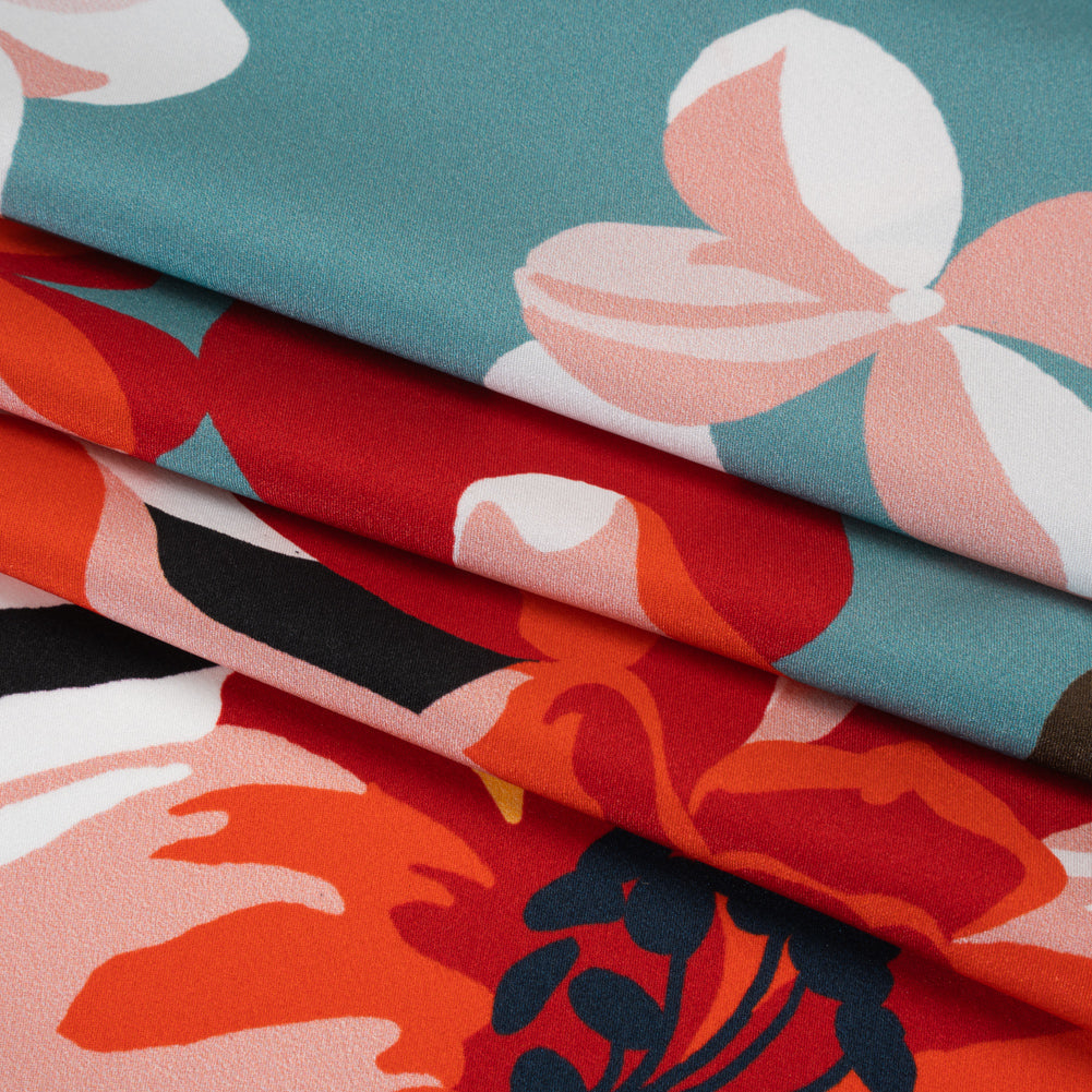 Silk Charmeuse Print 16MM, Made in Italy - Muted Blue, Red and Black Big Floral Border