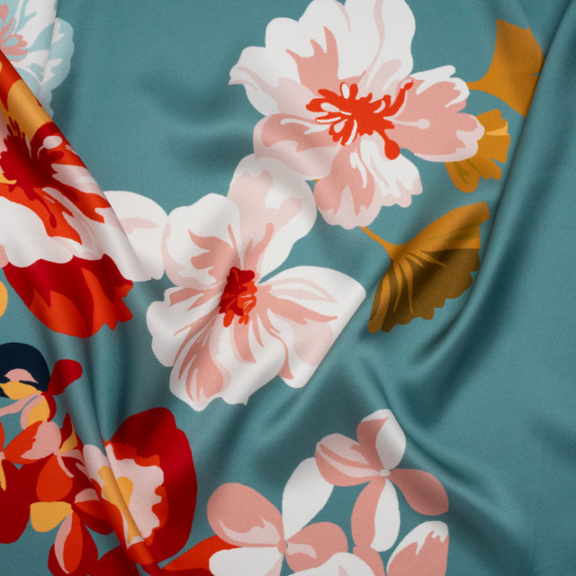 Silk Charmeuse Print 16MM, Made in Italy - Muted Blue, Red and Black Big Floral Border