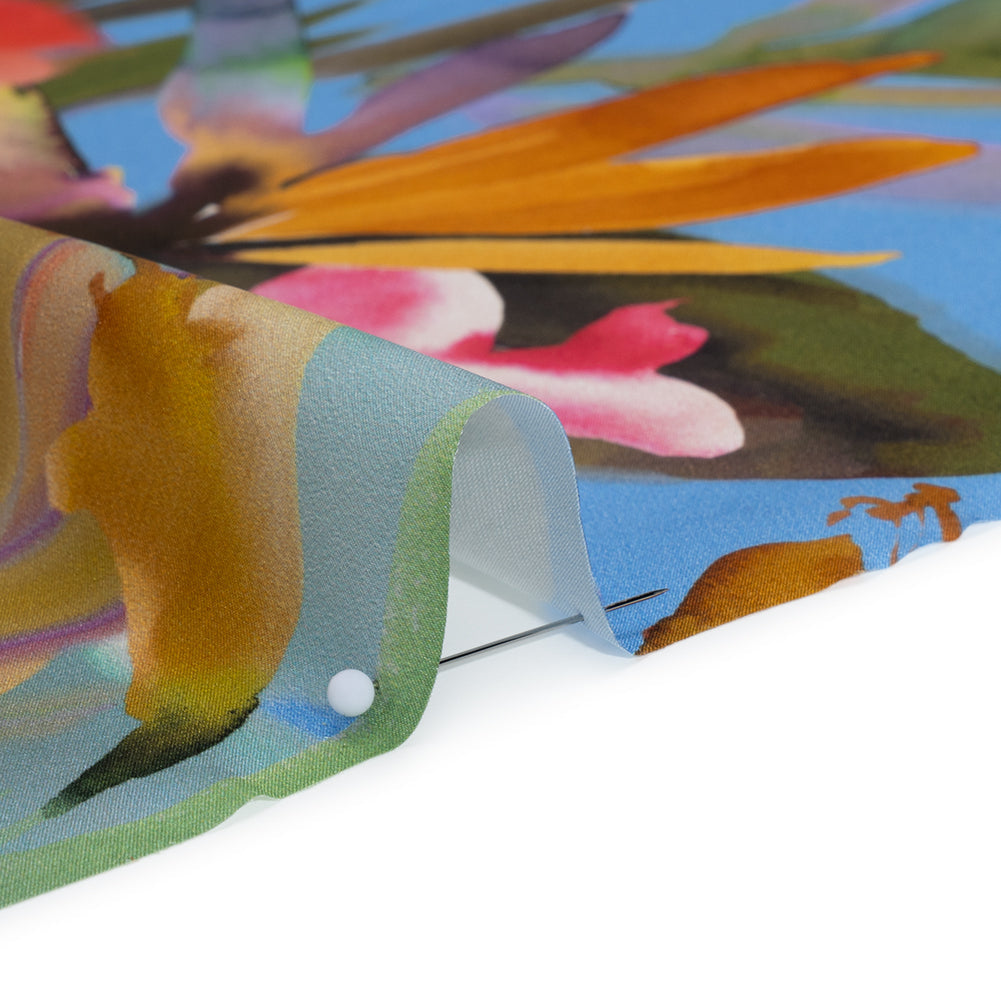 Silk Charmeuse Print 16MM, Made in Italy - Blue, Teal and Multicolor Watercolor Floral Border