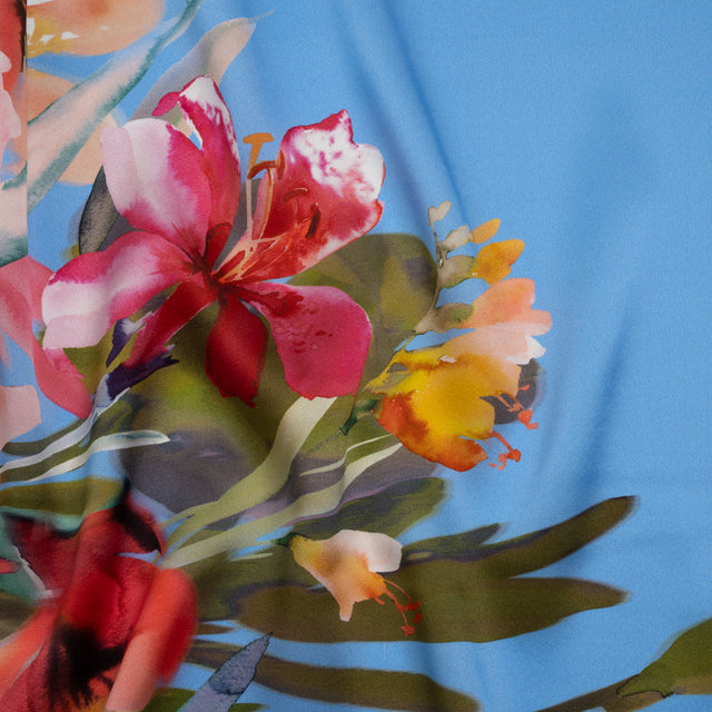 Silk Charmeuse Print 16MM, Made in Italy - Blue, Teal and Multicolor Watercolor Floral Border