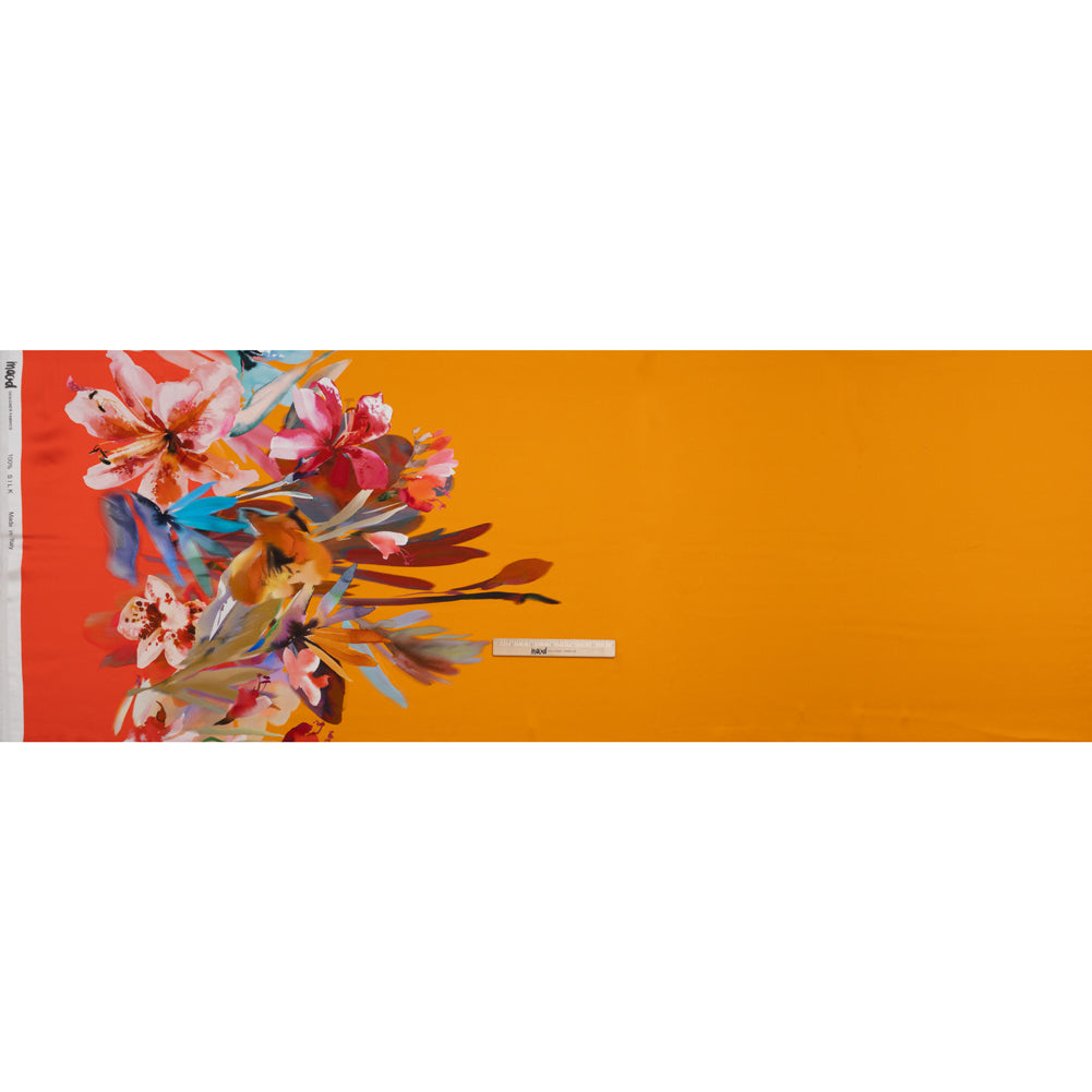 Silk Charmeuse Print 16MM, Made in Italy - Orange, Goldenrod and Multicolor Watercolor Floral Border