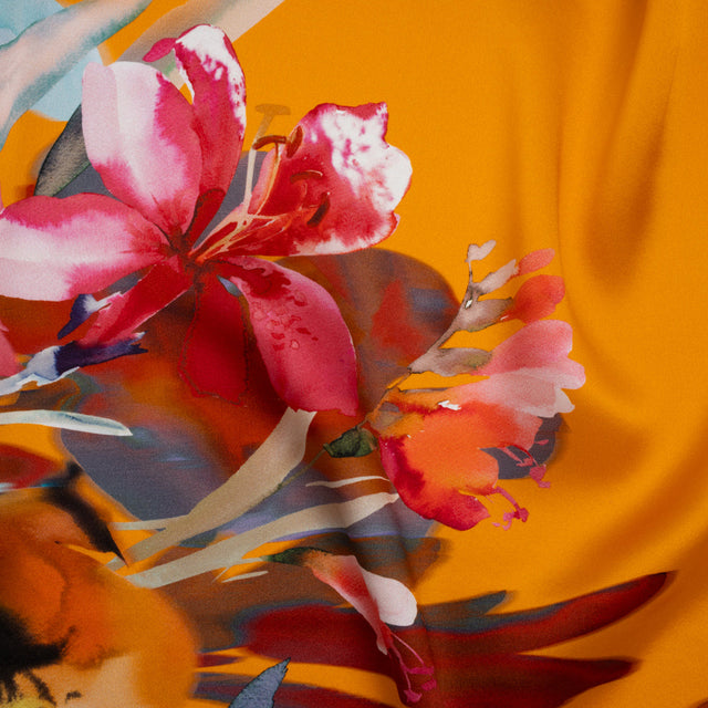 Silk Charmeuse Print 16MM, Made in Italy - Orange, Goldenrod and Multicolor Watercolor Floral Border