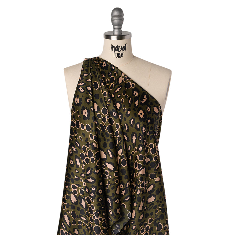 Silk Charmeuse Print 16MM, Made in Italy - Dark Olive Green, Beige and Black Animal Spots