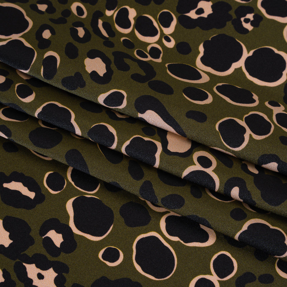 Silk Charmeuse Print 16MM, Made in Italy - Dark Olive Green, Beige and Black Animal Spots