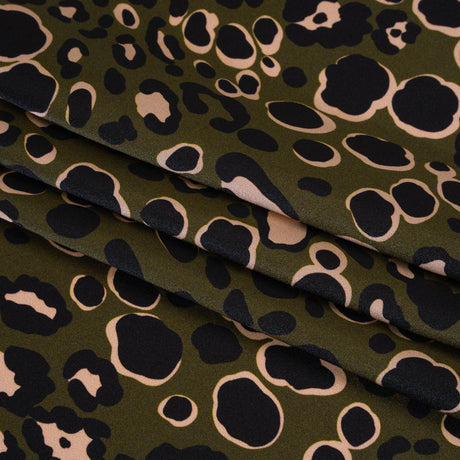 Silk Charmeuse Print 16MM, Made in Italy - Dark Olive Green, Beige and Black Animal Spots
