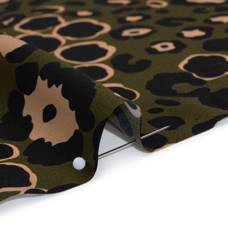 Silk Charmeuse Print 16MM, Made in Italy - Dark Olive Green, Beige and Black Animal Spots