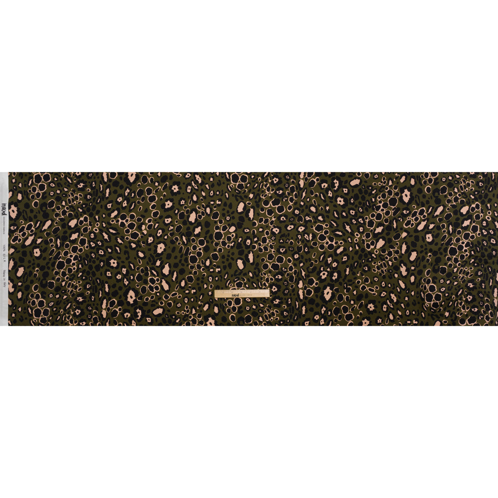 Silk Charmeuse Print 16MM, Made in Italy - Dark Olive Green, Beige and Black Animal Spots