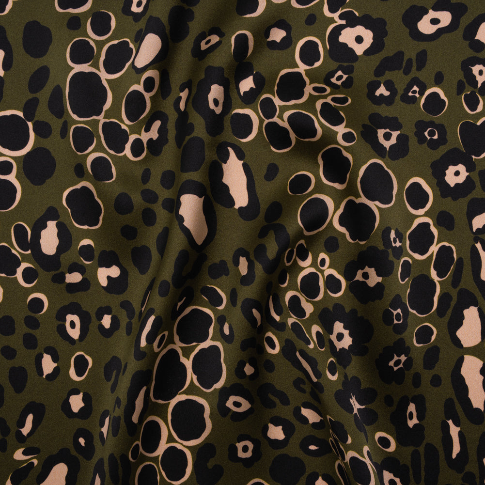 Silk Charmeuse Print 16MM, Made in Italy - Dark Olive Green, Beige and Black Animal Spots