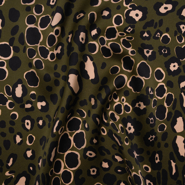 Silk Charmeuse Print 16MM, Made in Italy - Dark Olive Green, Beige and Black Animal Spots