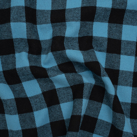 Yarn-Dyed Cotton Twill Flannel - Small Sky Blue and Black Buffalo Check - Deadstock