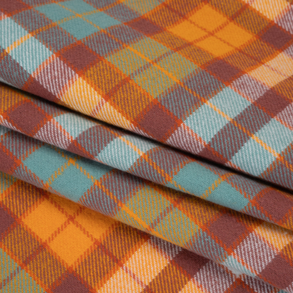 Yarn-Dyed Cotton Twill Flannel - Creamsicle Orange, Sky Blue and Dusty Red Plaid - Deadstock