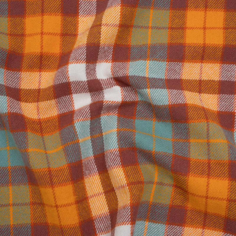 Yarn-Dyed Cotton Twill Flannel - Creamsicle Orange, Sky Blue and Dusty Red Plaid - Deadstock