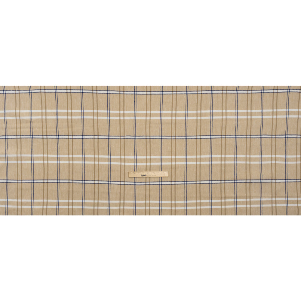 Stretch Linen Woven - Beige, Navy and White Plaid with Metallic Silver Accents