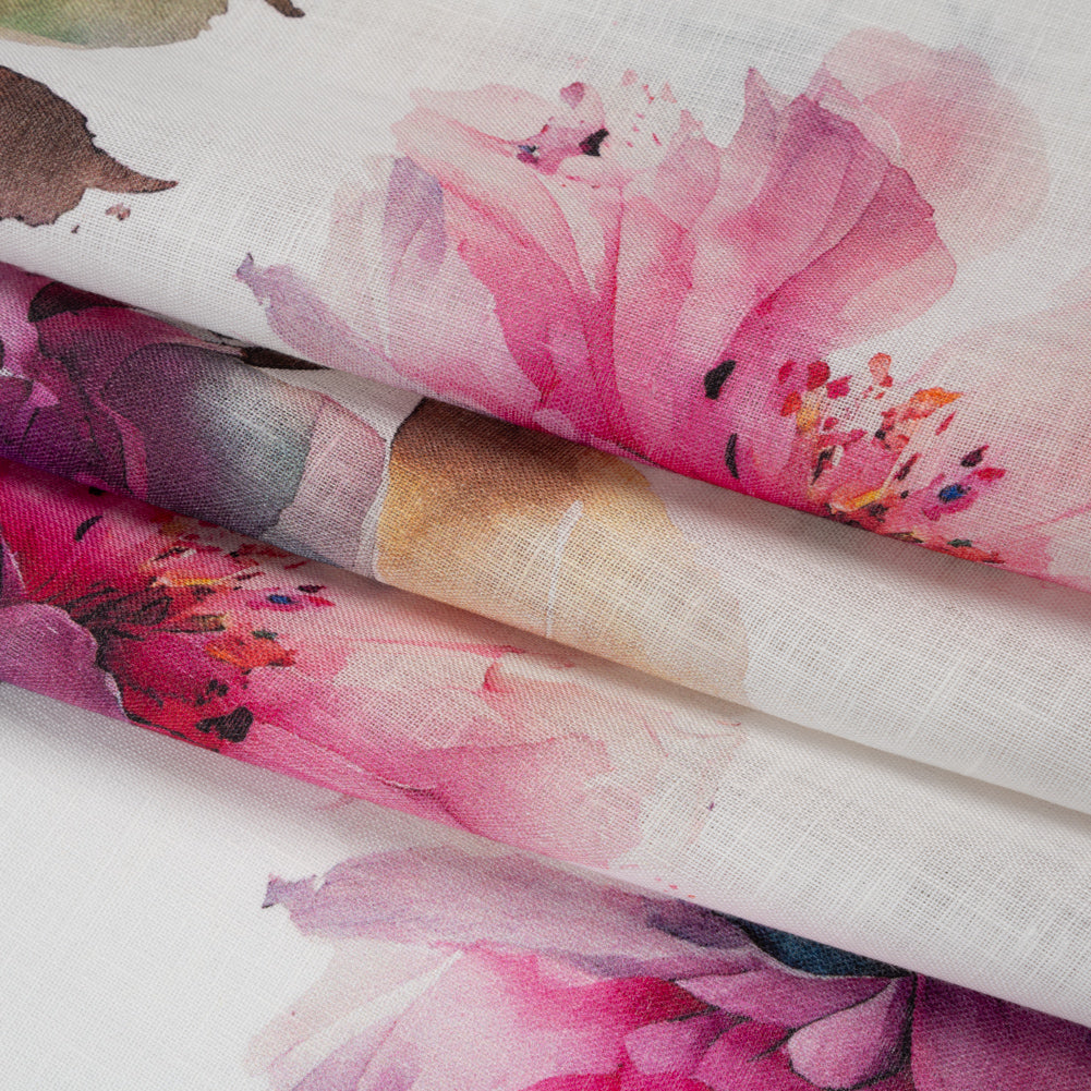 Medium Weight Linen Woven Print - Fuschia Pink on White Wild Roses