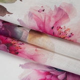 Medium Weight Linen Woven Print - Fuschia Pink on White Wild Roses