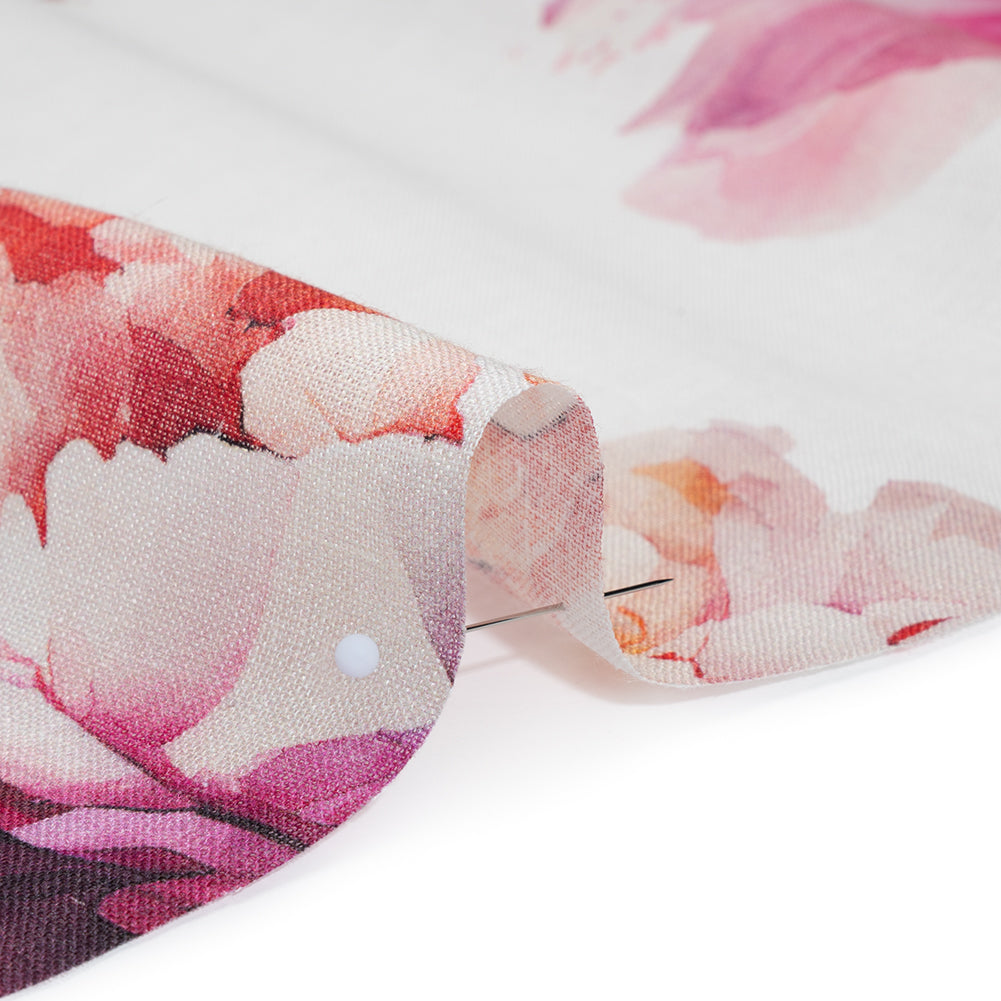 Medium Weight Linen Woven Print - Fuschia Pink on White Wild Roses