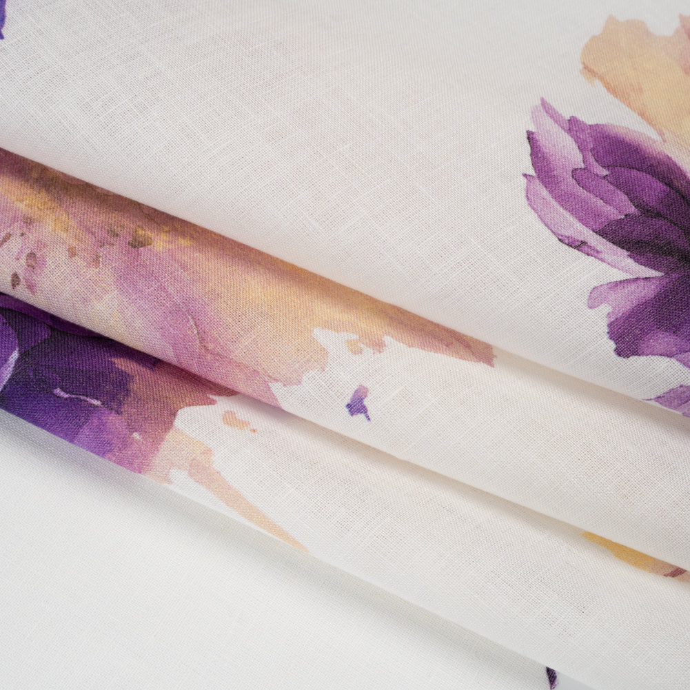 Medium Weight Linen Woven Print - Lilac Purple and Golden Yellow on White Wild Roses