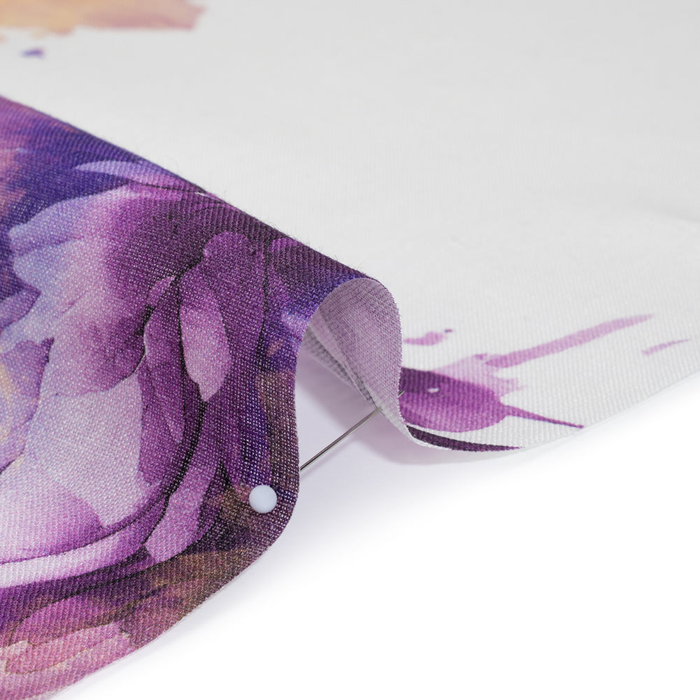 Medium Weight Linen Woven Print - Lilac Purple and Golden Yellow on White Wild Roses