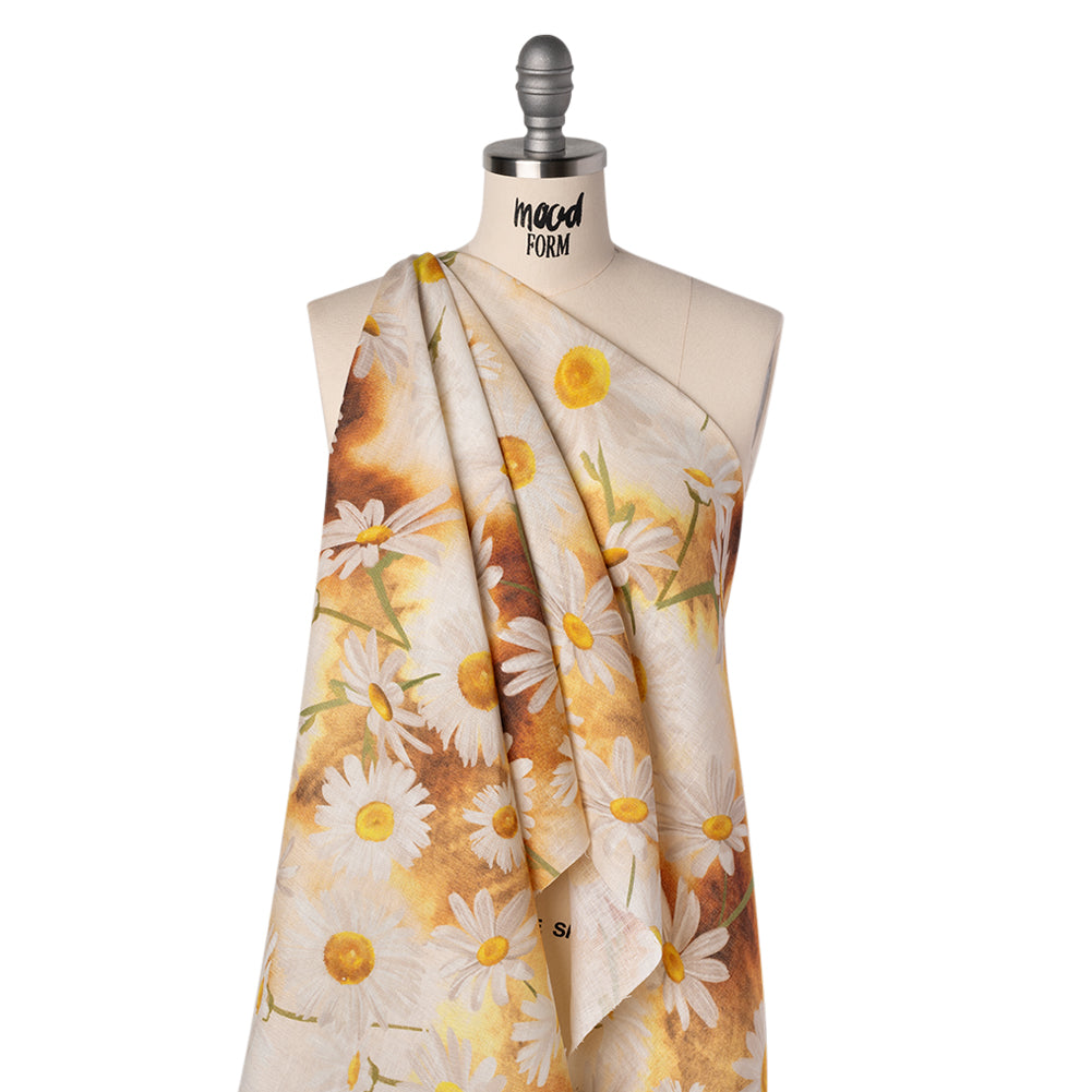 Medium Weight Linen Woven Print - Sun Yellow and White Daisies